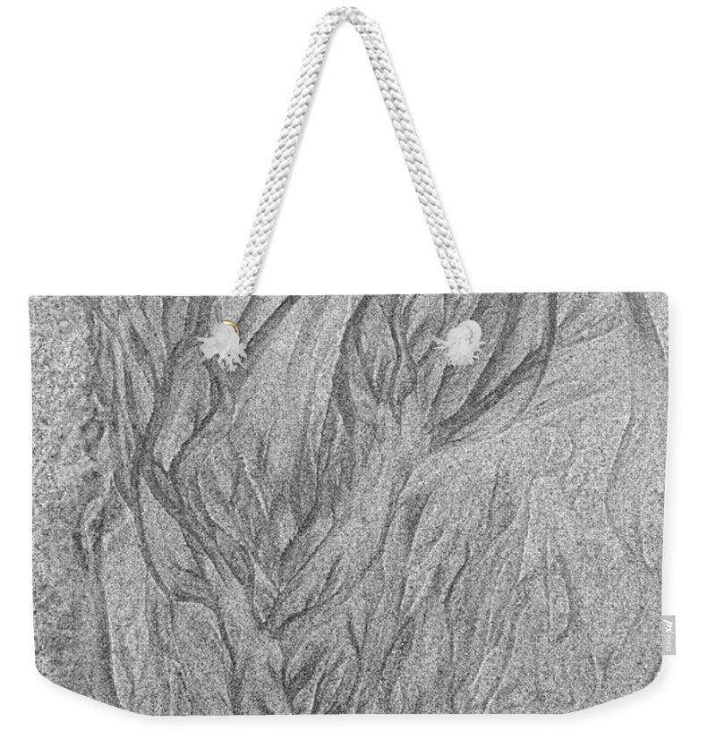 Abstract Weekender Tote Bag featuring the photograph Patterns left by the receding water in the sand of a beach - monochrome by Intensivelight