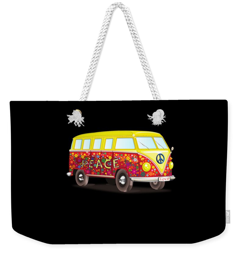 Cool Weekender Tote Bag featuring the digital art Peace And Love Hippy Van by Flippin Sweet Gear
