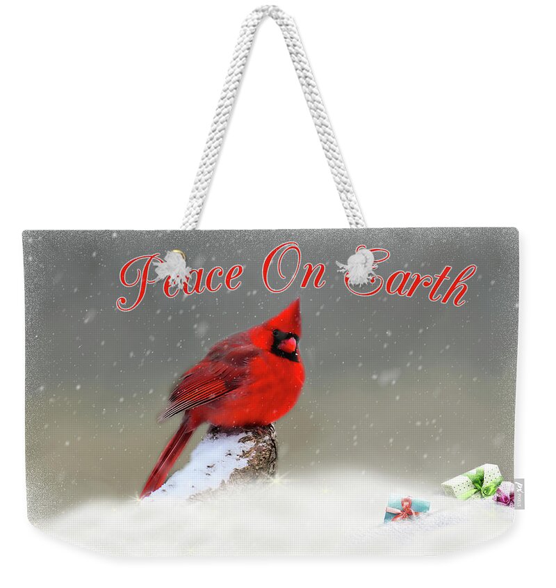 Cardinal Weekender Tote Bag featuring the photograph Peace On Earth by Cathy Kovarik
