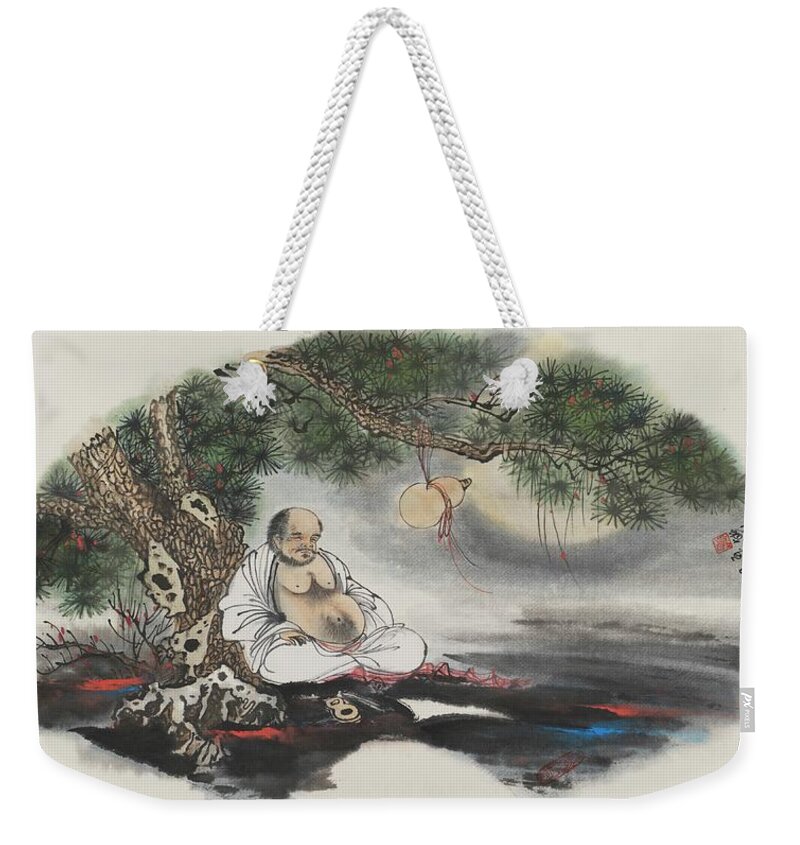 Chinese Watercolor Weekender Tote Bag featuring the painting Mellow Buddha Napping Under a Pine Tree by Jenny Sanders