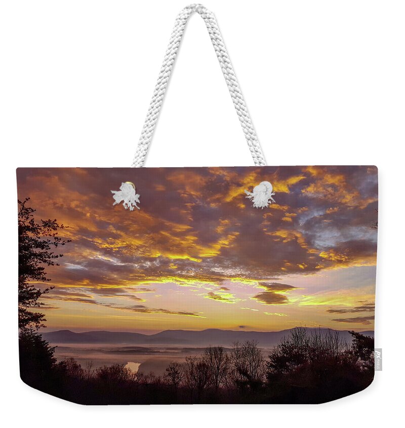 Sunrise Weekender Tote Bag featuring the photograph Peachy Shenandoah Valley Sunrise by Lara Ellis