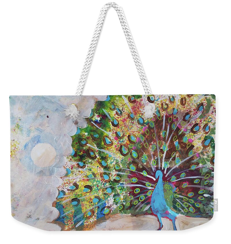 Peacock Weekender Tote Bag featuring the painting Peacock in Morning Mist by Tilly Strauss