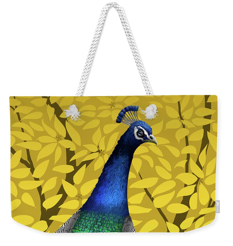 Peacock In Tree Weekender Tote Bag featuring the painting Peacock in Tree, Naples Yellow, Square by David Arrigoni