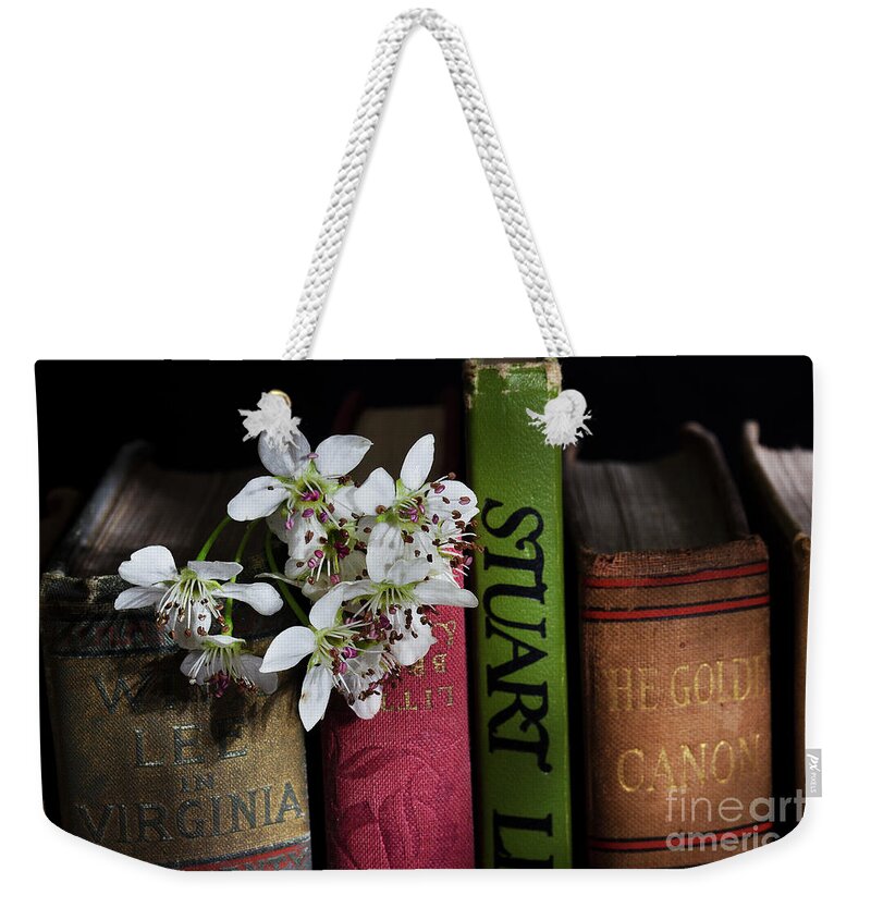 Pear Weekender Tote Bag featuring the photograph Pear Blossoms And Books by Mike Eingle