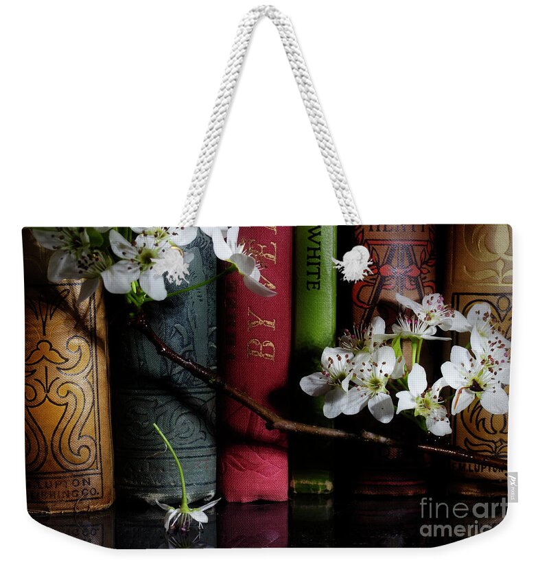 Pear Weekender Tote Bag featuring the photograph Pear Blossoms On The Shelf by Mike Eingle