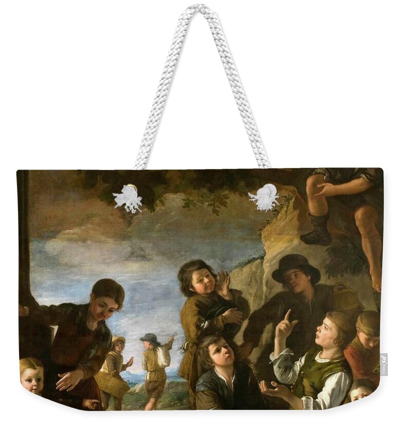Children Are Playing With Dice Weekender Tote Bag featuring the painting Pedro Nunez de Villavicencio / 'Children are Playing with Dice', 1686, Spanish School. by Pedro Nunez de Villavicencio -c 1635-1695-