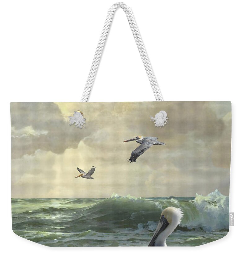 Florida Weekender Tote Bag featuring the digital art Pelicans in the Surf by M Spadecaller