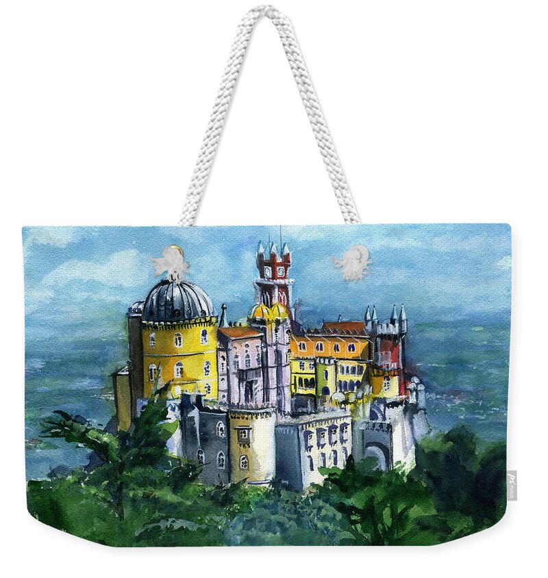 Lisboa Weekender Tote Bag featuring the painting Pena National Palace in Sintra Portugal by Dora Hathazi Mendes