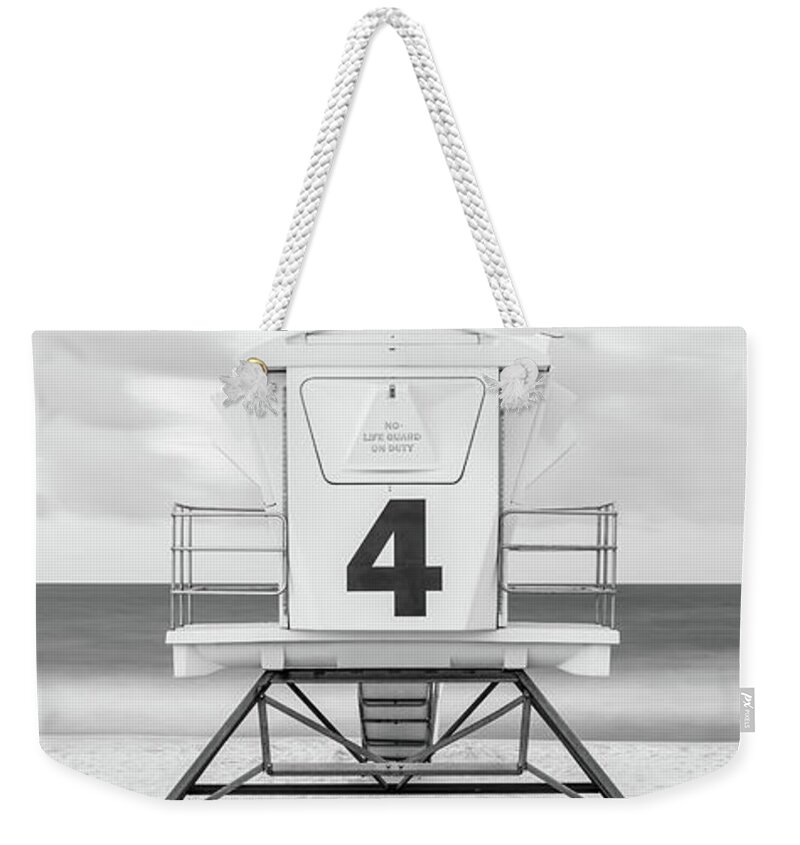 America Weekender Tote Bag featuring the photograph Pensacola Beach Lifeguard Tower 4 Black and White Panorama Photo by Paul Velgos