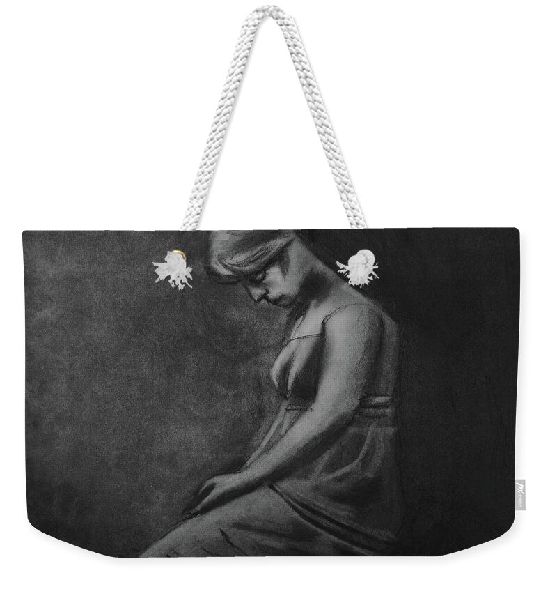 Pensive Woman Weekender Tote Bag featuring the drawing Pensive Lady by Nadija Armusik