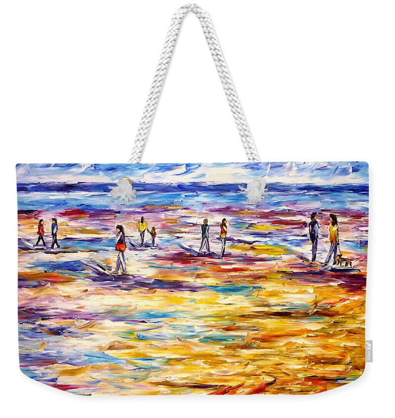 Beach Abstract Weekender Tote Bag featuring the painting People On The Beach by Mirek Kuzniar