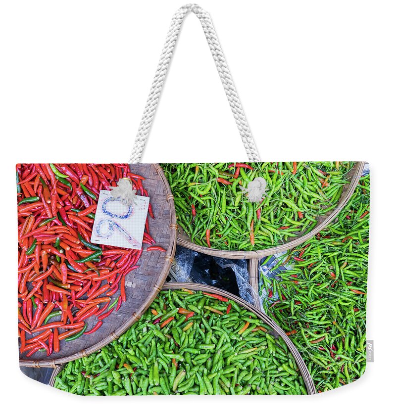 Asian Weekender Tote Bag featuring the photograph Peppers at the Market by Nicole Young