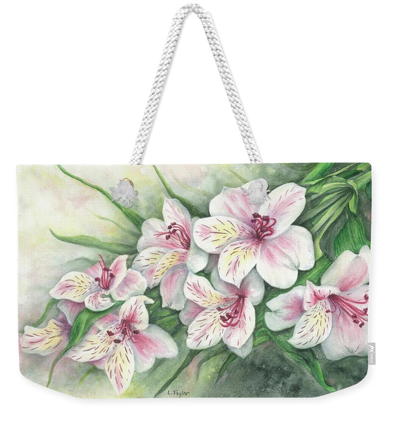 Floral Weekender Tote Bag featuring the painting Peruvian Lilies by Lori Taylor