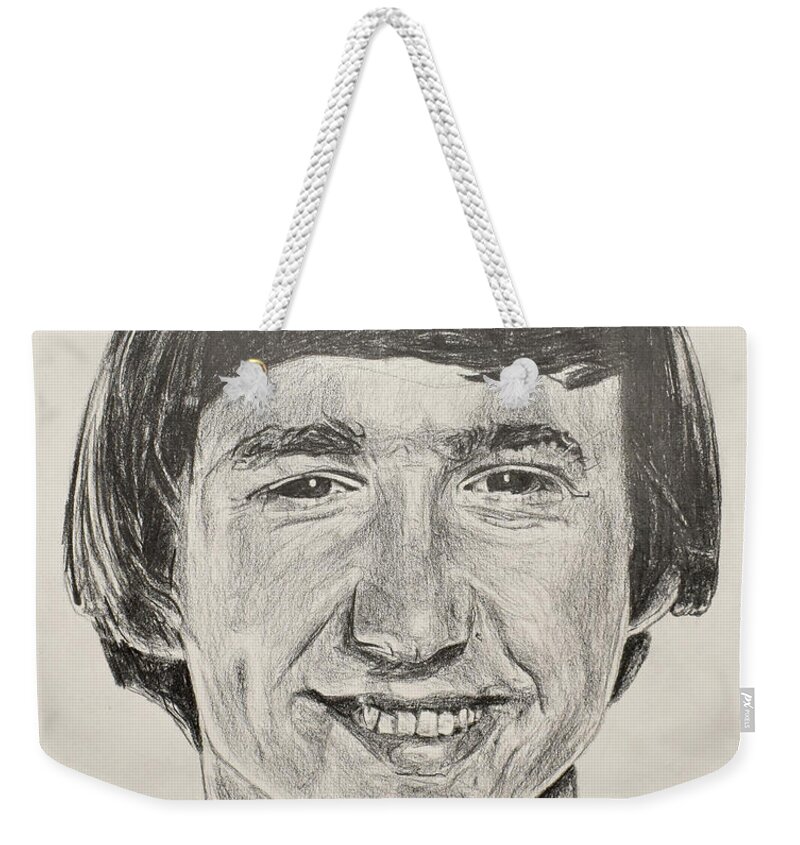 Peter Tork Weekender Tote Bag featuring the drawing Peter Tork by Michael Morgan