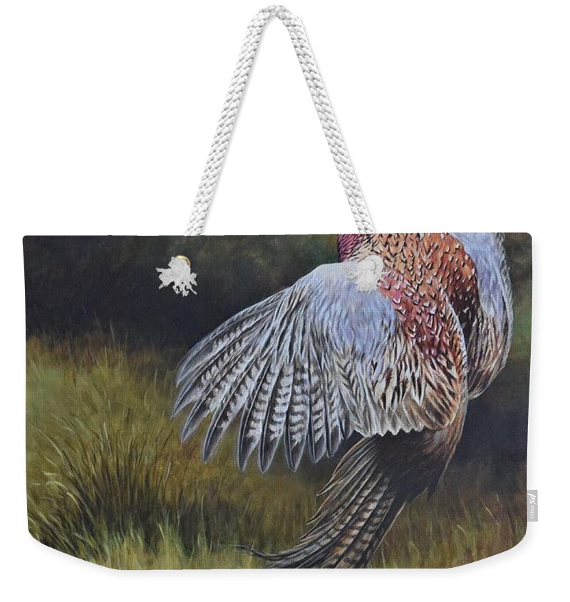 Wildlife Paintings Weekender Tote Bag featuring the painting Pheasants Fighting by Alan M Hunt