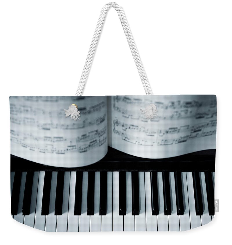 Piano Weekender Tote Bag featuring the photograph Piano With Music by Adam Gault