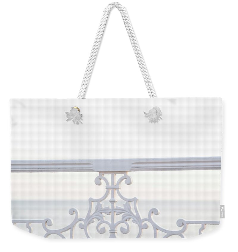 Outdoors Weekender Tote Bag featuring the photograph Pier Railing Close Up High Key Lighting by Grant Faint