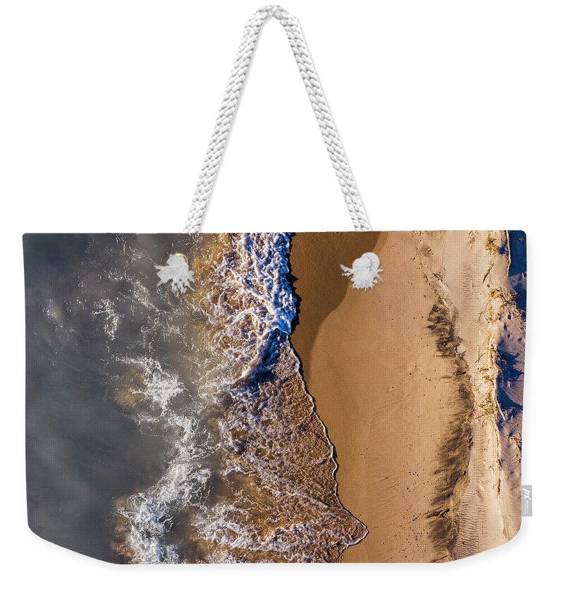 Pierport Weekender Tote Bag featuring the photograph Pierport Waves and Beach Aerial by Twenty Two North Photography