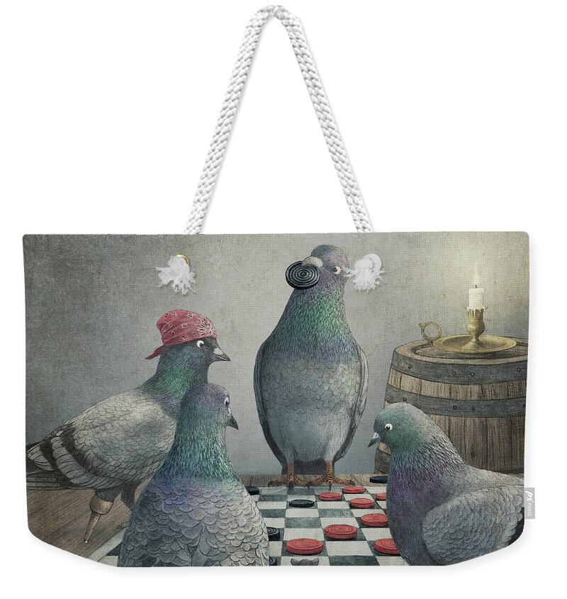 Pigeons Weekender Tote Bag featuring the drawing Pigeons Playing Checkers by Eric Fan
