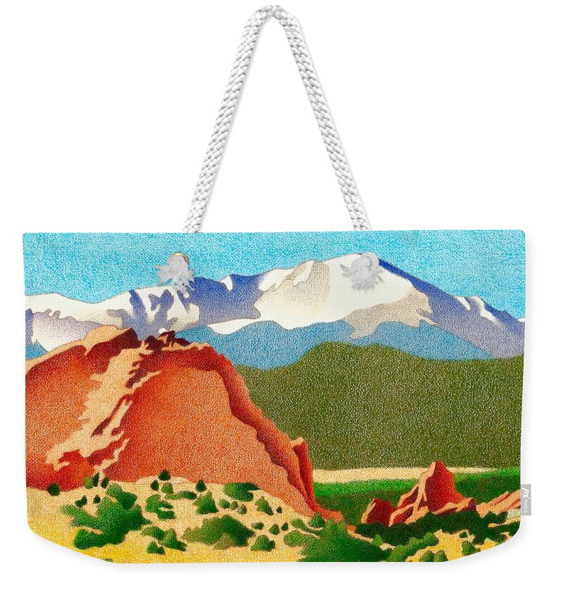 Landscape Weekender Tote Bag featuring the drawing Pikes Peak Winter by Dan Miller