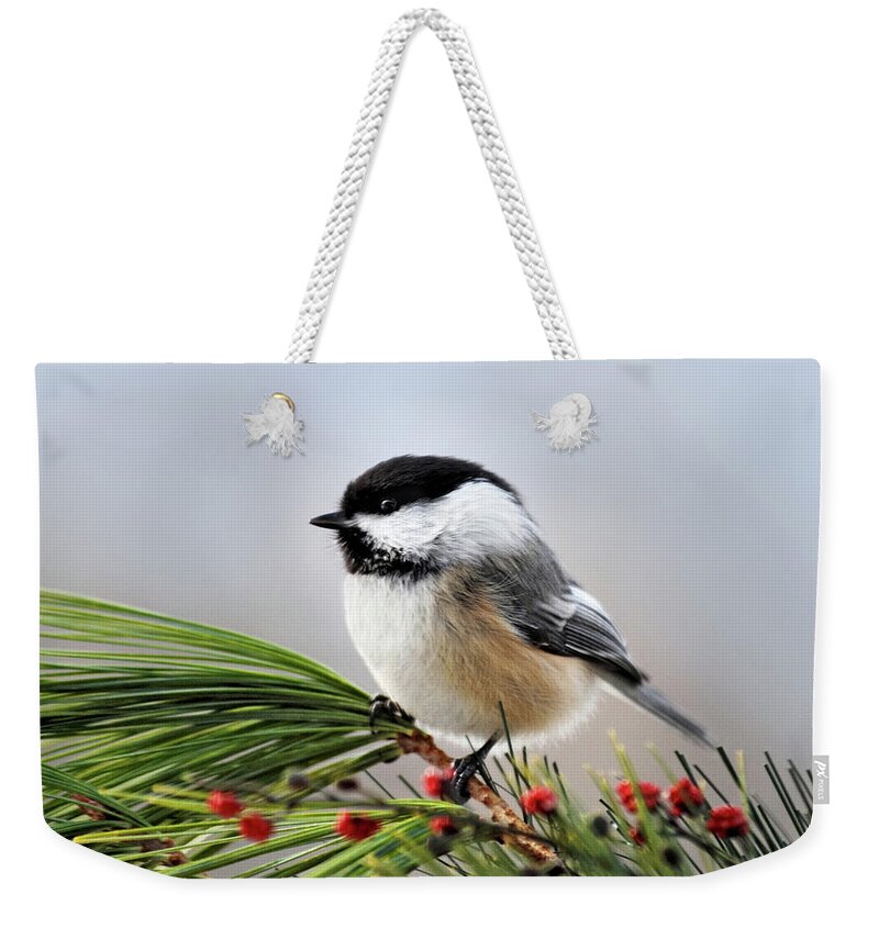 Chickadee Weekender Tote Bag featuring the photograph Pine Chickadee by Christina Rollo