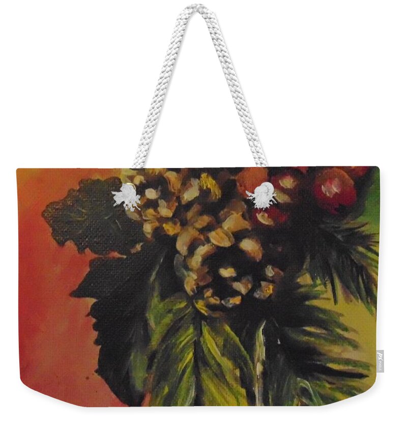 Christmas Weekender Tote Bag featuring the painting Pine Cones and Berries by Saundra Johnson