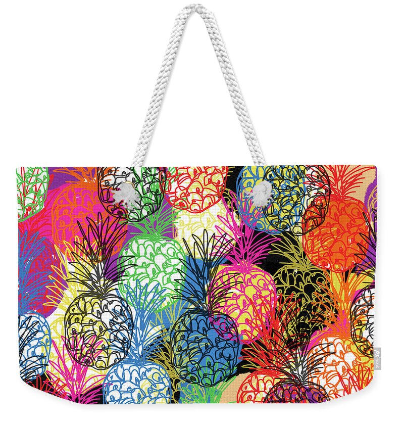 Pineapple Weekender Tote Bag featuring the mixed media Pineapple Party- Art by Linda Woods by Linda Woods