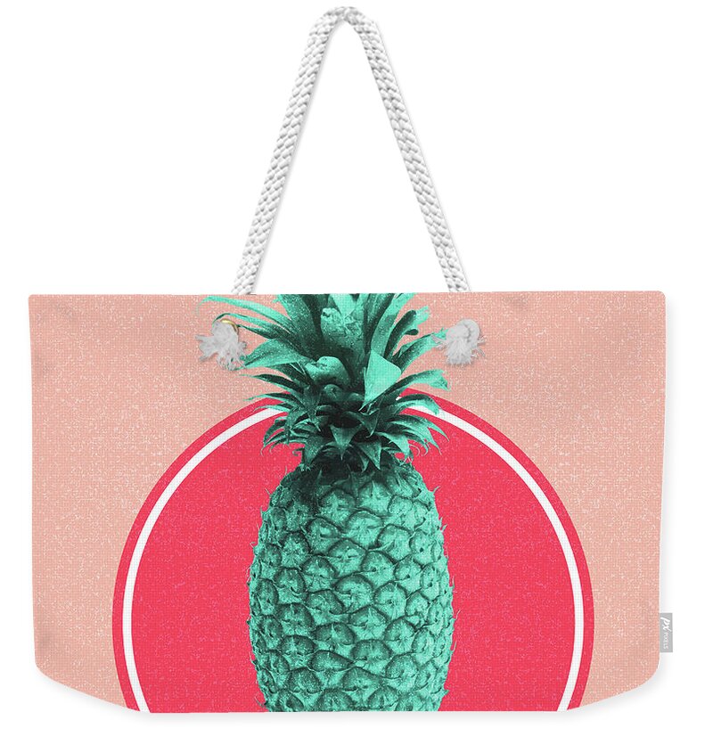 Pineapple Weekender Tote Bag featuring the mixed media Pineapple Print - Tropical Decor - Botanical Print - Pineapple Wall Art - Blue, Pink - Minimal by Studio Grafiikka