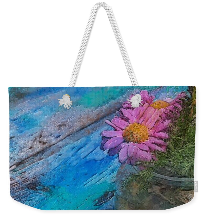 Echinacea Weekender Tote Bag featuring the digital art Pink and Blue by Diana Rajala