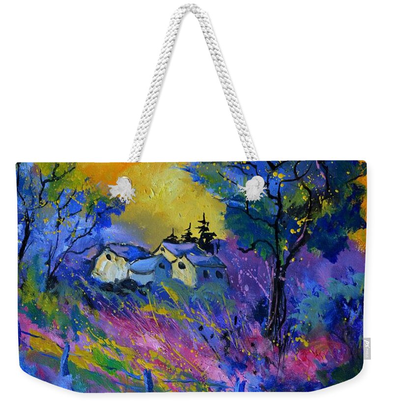 Landscape Weekender Tote Bag featuring the painting Pink and blue landscape by Pol Ledent