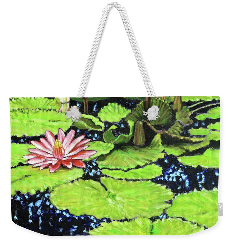 Water Lilies Weekender Tote Bag featuring the painting Pink and Green on Blue by John Lautermilch