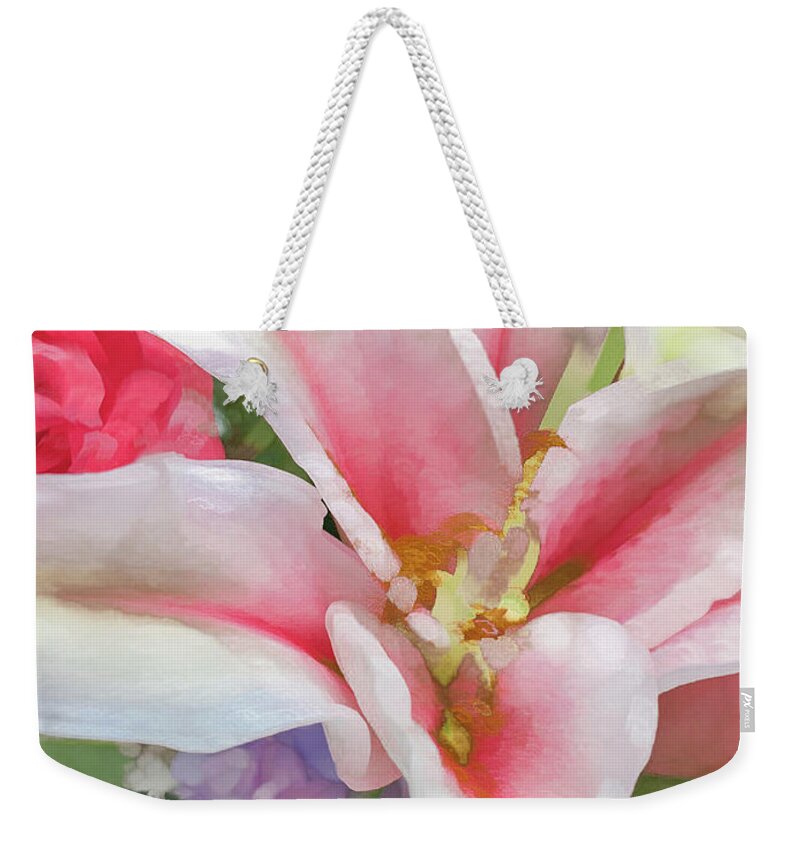 Abstract Weekender Tote Bag featuring the photograph Pink and White Flower Pastel by Phillip Rubino