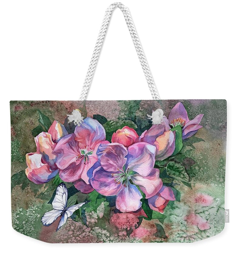 Russian Artists New Wave Weekender Tote Bag featuring the painting Pink Bloom Apple Tree and Butterfly by Ina Petrashkevich