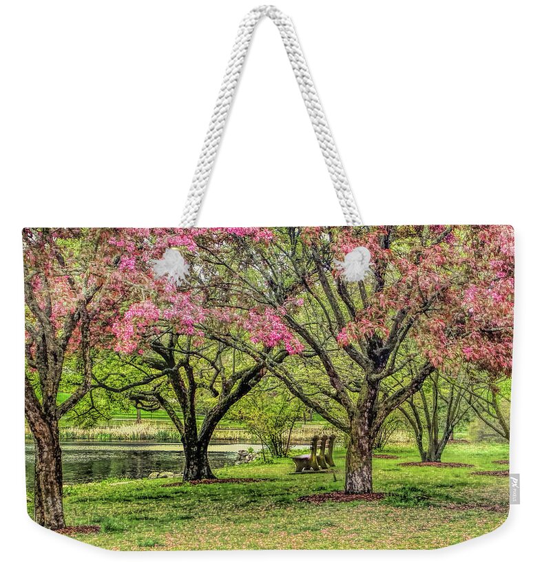 Bruce Park Weekender Tote Bag featuring the photograph Pink blossoms in Greenwich Connecticut by Cordia Murphy