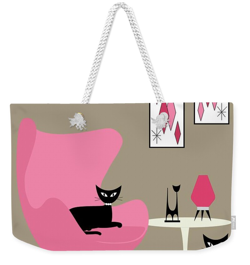 Mid Century Modern Weekender Tote Bag featuring the digital art Pink Egg Chair with Cats by Donna Mibus