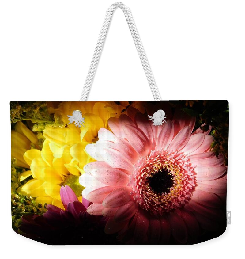 - Pink Gerbera Daisy- Yellow Daisy - In The Light Weekender Tote Bag featuring the photograph - Pink Gerbera Daisy by THERESA Nye