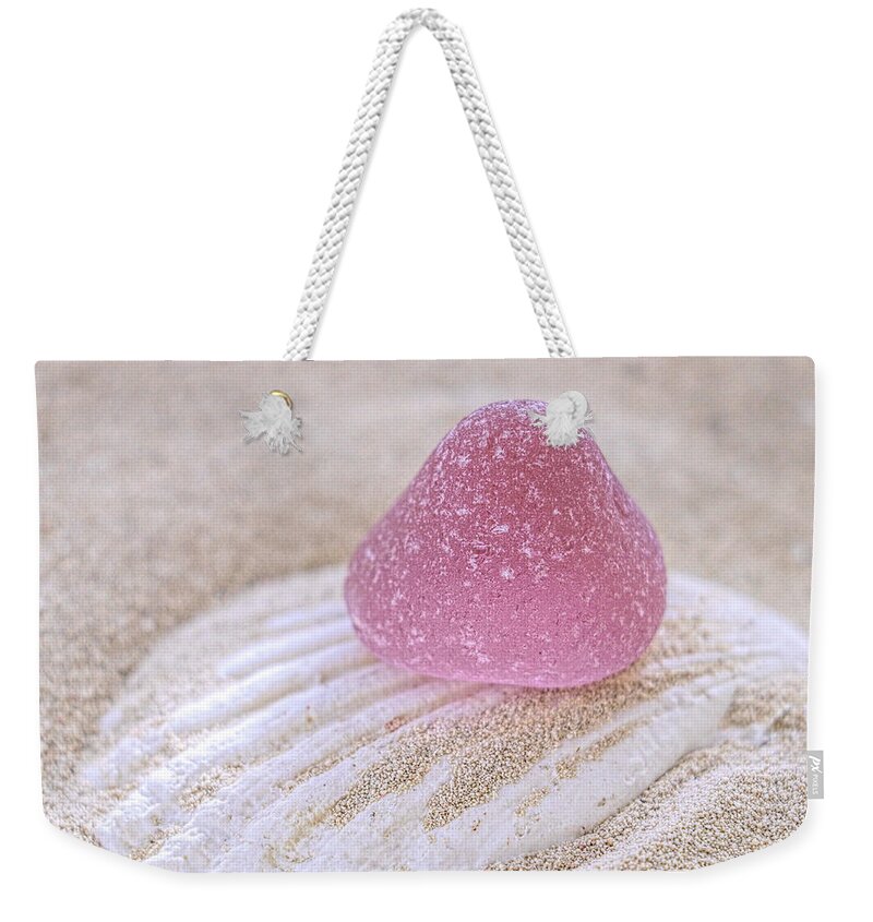 Sea Glass Weekender Tote Bag featuring the photograph Pink gumdrop sea glass by Janice Drew