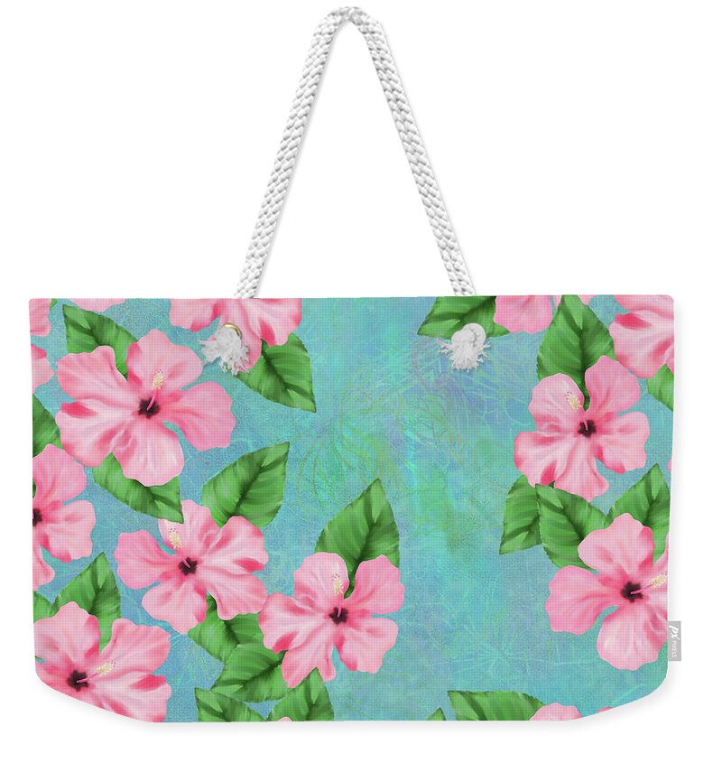 Tropical Weekender Tote Bag featuring the digital art Pink Hibiscus Tropical Floral Print by Sand And Chi