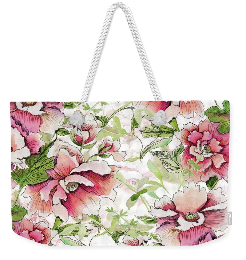 Peony Weekender Tote Bag featuring the painting Pink Peony Blossoms by Sand And Chi