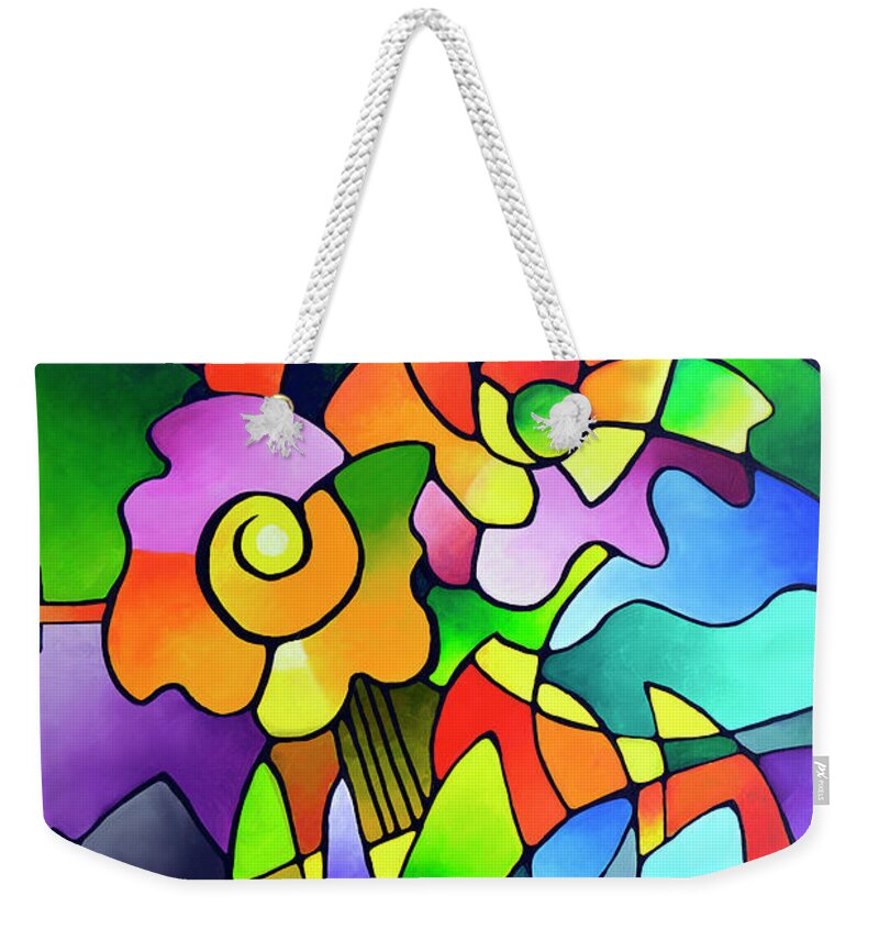 Geometric Floral Weekender Tote Bag featuring the painting Pinwheel Blooms by Sally Trace