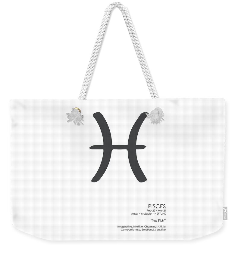 Pisces Weekender Tote Bag featuring the mixed media Pisces Print - Zodiac Signs Print - Zodiac Posters - Pisces Poster - Black and White - Pisces Traits by Studio Grafiikka