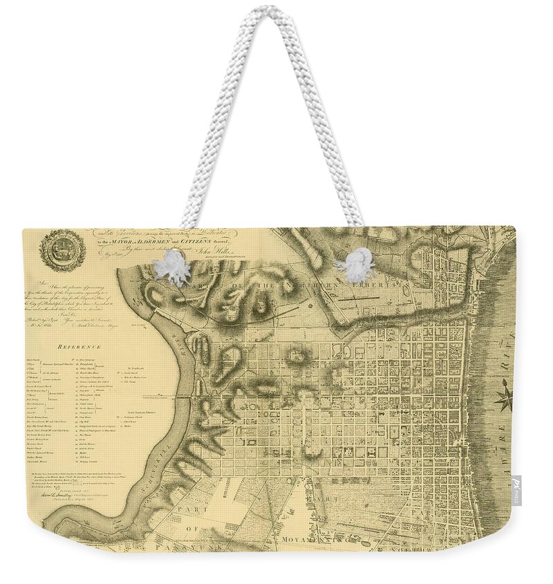 Philadelphia Weekender Tote Bag featuring the mixed media Plan of the City of Philadelphia and Its Environs shewing the improved parts, 1796 by John Hills