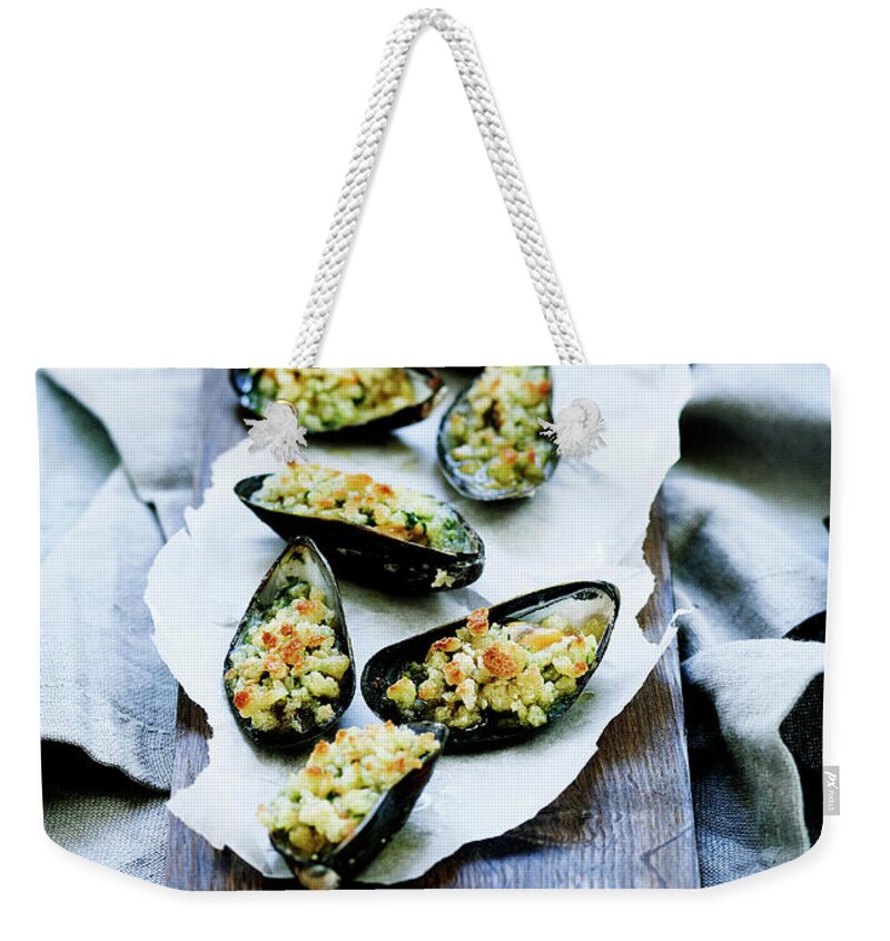 Copenhagen Weekender Tote Bag featuring the photograph Plate Of Baked Mussels by Line Klein