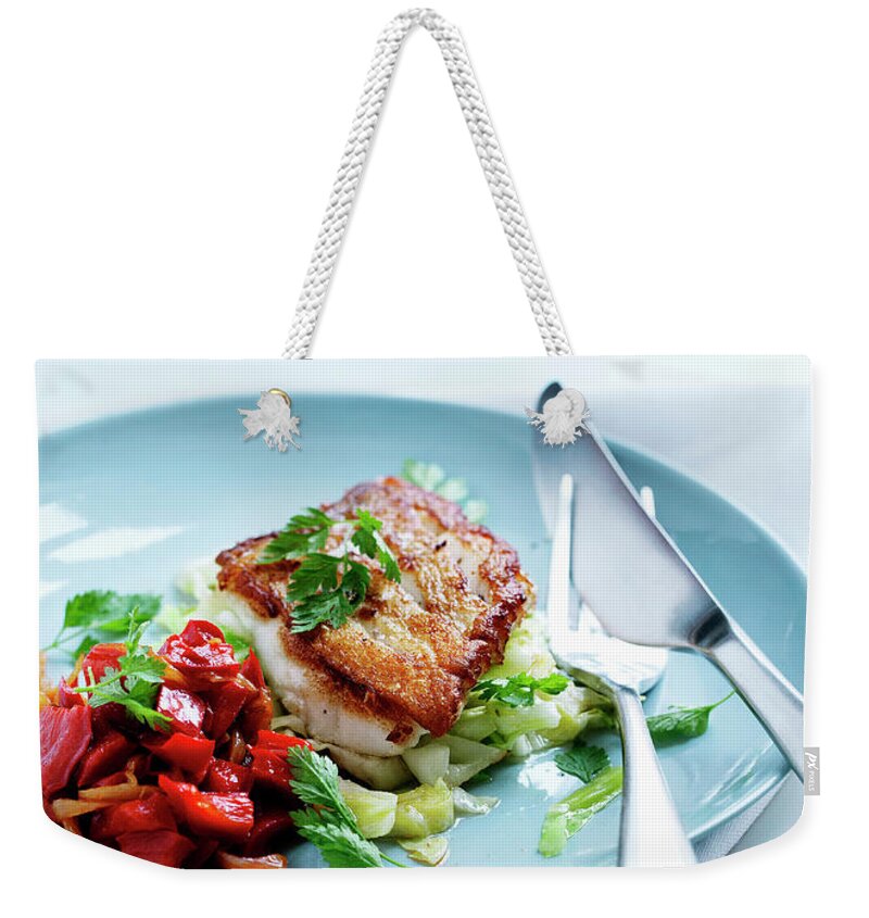 White Background Weekender Tote Bag featuring the photograph Plate Of Fried Fish And Salad by Line Klein