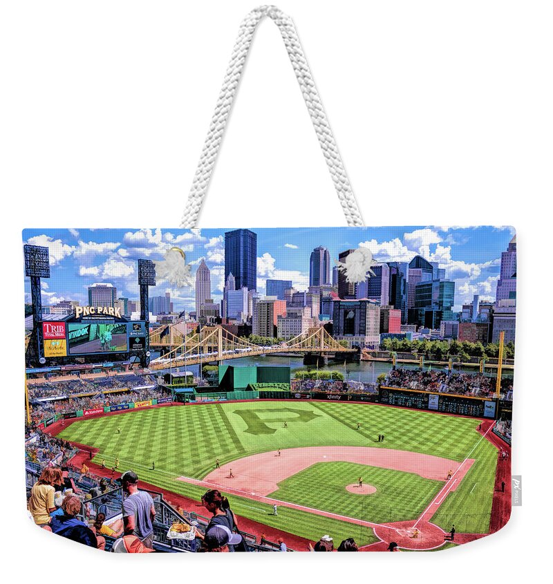Pnc Park Weekender Tote Bag featuring the painting PNC Park Pittsburgh Pirates Baseball Ballpark Stadium by Christopher Arndt