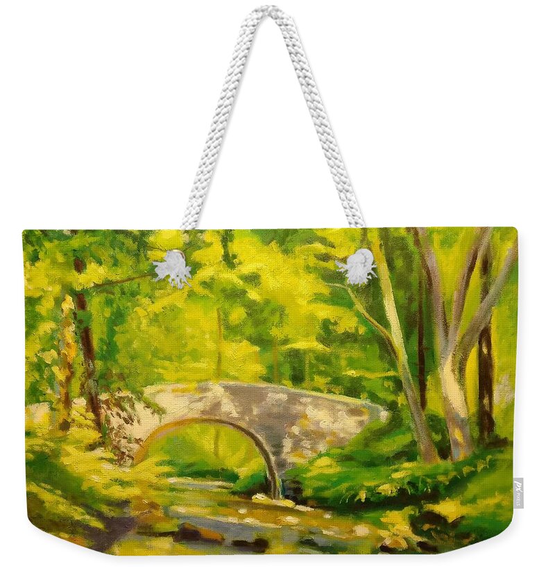 Bright Weekender Tote Bag featuring the painting Pocantico River Sun Set by Nicolas Bouteneff