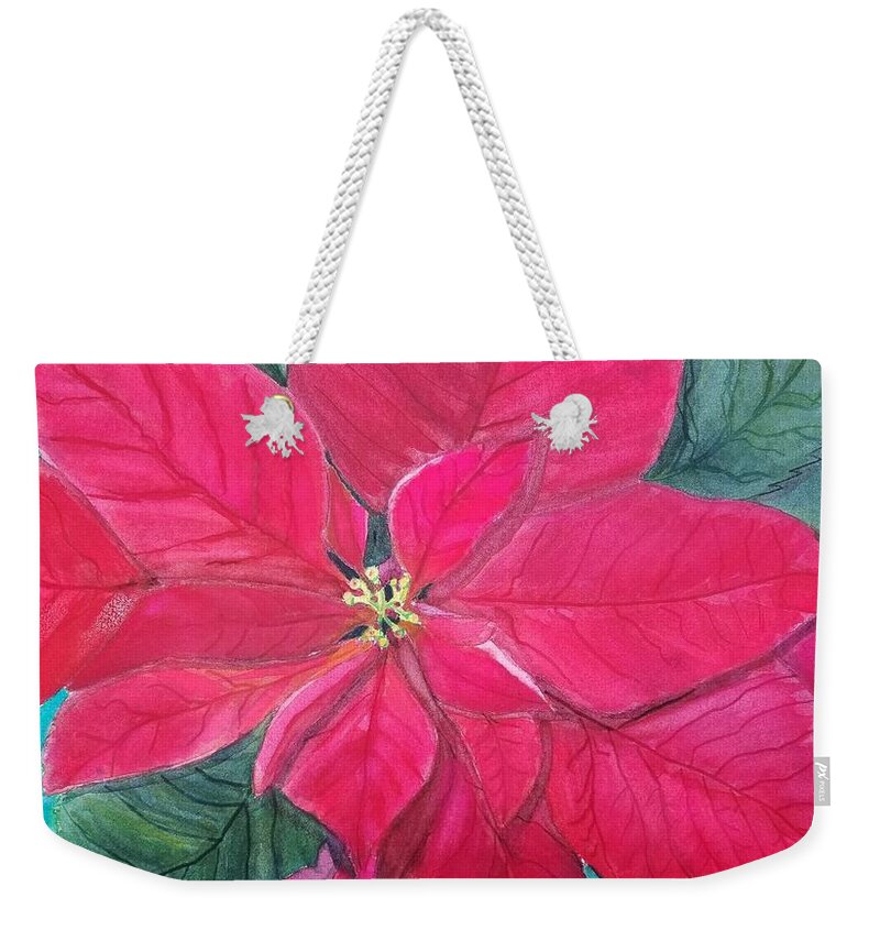 Cristmas Weekender Tote Bag featuring the painting Poinsettia Glow by Ann Frederick
