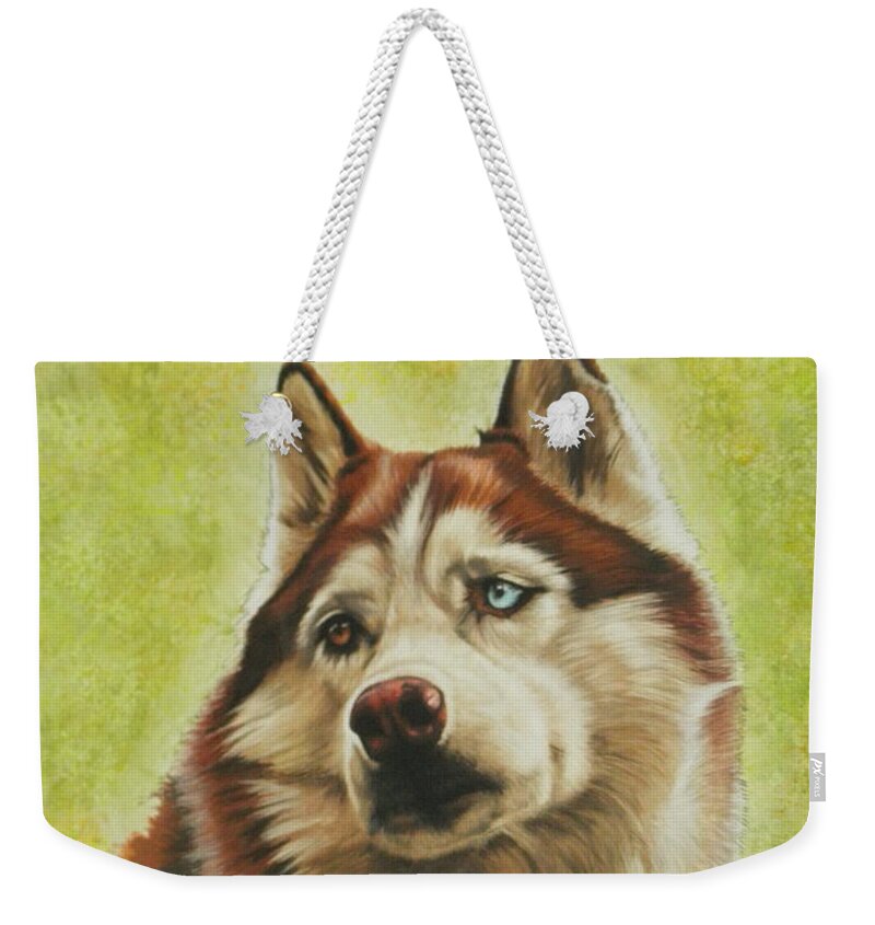 Working Group Weekender Tote Bag featuring the mixed media Poised Siberian Husky in Color by Barbara Keith
