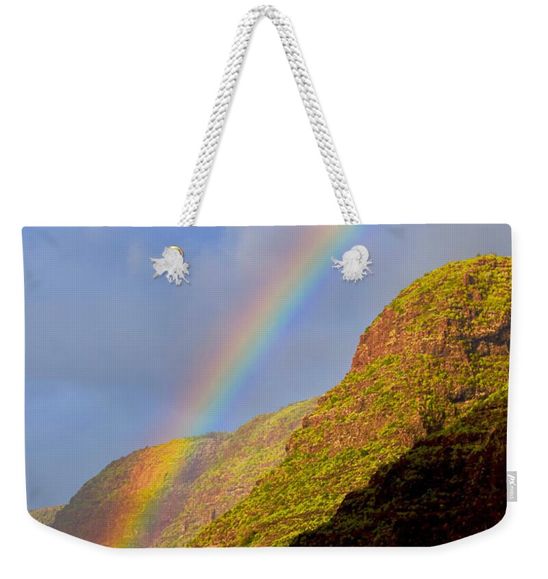 Rainbow Weekender Tote Bag featuring the photograph Polihale Rainbow's End by Debra Banks