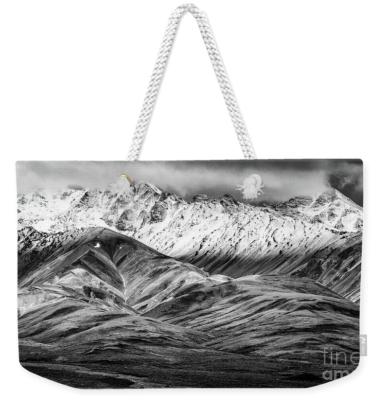 Polychrome Mountain Weekender Tote Bag featuring the photograph Polychrome mountain, Denali National Park, Alaska, BW by Lyl Dil Creations